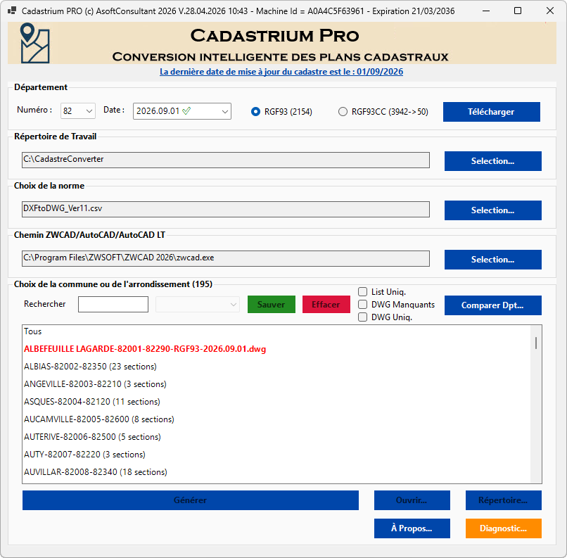 Interface du logiciel Cadastrium Pro : choix du département, de la projection, de la norme, de ZWCAD ou AutoCAD et des communes à convertir